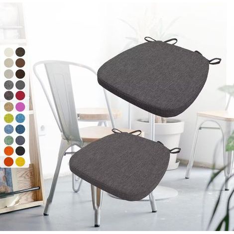 Set mit 2 Stuhlkissen, 40 x 38 x 3 cm, mit Gurten, rutschfest, Leinenstoff, für Küche, Wohnzimmer, Café, grau (1/5)