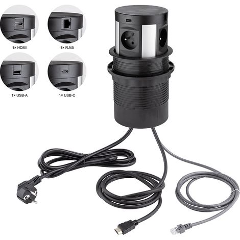 Prise encastrable rond 4X 230V 1X HDMI 1X RJ45 2X USB Noir