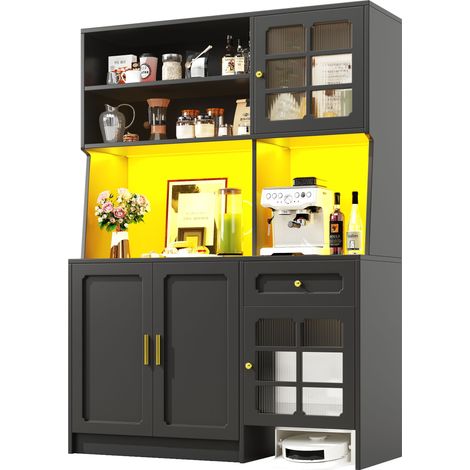 ELVMI Credenza Alta da Cucina con Ante in Vetro, Cassetti e LED per Cucina in MDF 130 x 45 x 180 cm Nera (1/5)