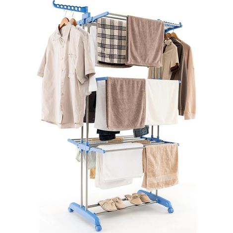 COSTWAY Tender plegable de 4 niveles, tendedero de gran tamaño con ruedas bloqueables y marco de metal inoxidable, secador grande para interiores y exteriores con alas ajustables, tender de ropa móvil (1/5)