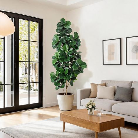 Arbre Ficus Lyre Artificiel, 210 cm Plante Décorative Réaliste pour Intérieur Grand Fiddle Leaf Fig en Pot Blanc avec Galets, Idéal pour Salon, Bureau Ou Maison (1/5)