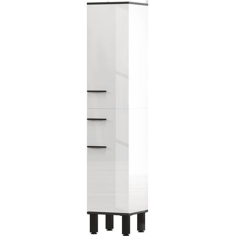 Armoire haute salle de bain avec tiroir 2 portes étagères ajustables anti-bascule 34x32x170 cm Blanc