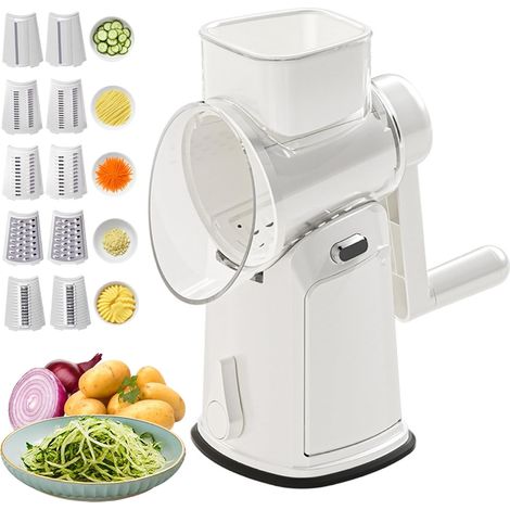 5-in-1-Rotationskäsereibe, Gemüsehobel, Kurbelbetrieb mit Saugnapfbasis, sichere Mandoline mit 10 Klingen und Spritzschutz, Küchenwerkzeug (1/5)