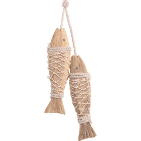 Pendentif poisson en bois, décoration suspendue style marin, sculpture rustique, modèle petit format (1/5)