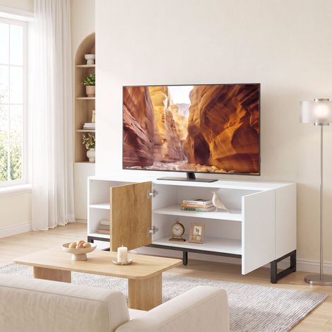 Meuble TV jusqu'à 55 pouces (140 x 36,5 x 50 cm) avec passe-câbles, blanc et chêne (1/5)