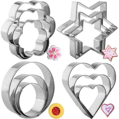Set di 12 formine per biscotti (cuori, stelle, fiori, rotonde). Formine color argento, lavabili in lavastoviglie. (1/5)