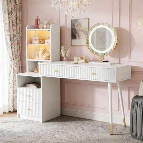 POCKETPOP Friseuse mit dreifarbiger LED-Spiegel, vier Schubladen, 1 beleuchteter Schrank mit Glastür, 100 × 40 x 125 cm, Weiß (1/5)