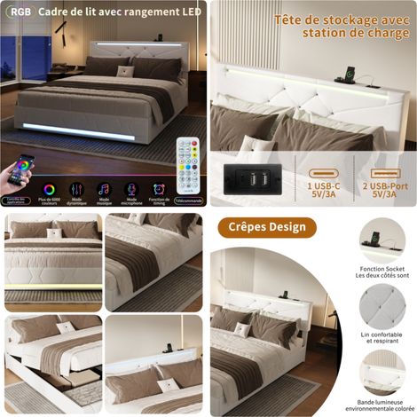 Lit double 140x200cm, lit 140x200 avec rangement, Sommier Inclus, lit coffre avec port USB et LED, Chambre moderne, Beige, lin