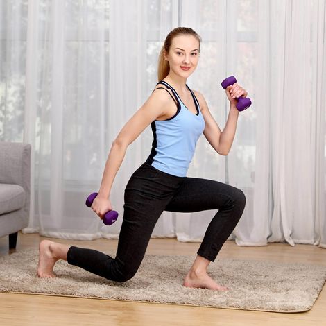 Manubri in neoprene da 2 kg, set da 2, viola/esagonali, per il potenziamento muscolare (1/3)