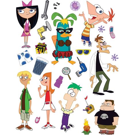 sticker mural Phinéas et Ferb vert, bleu, rouge et rose - Disney