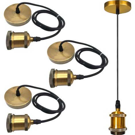 3 Pack E27 Metal Ceiling Light Pendant Lamp Holder with Adjustable Cable Height 100cm Textile Cable for Industrial Style Kitchens Bars and Living Rooms (Vintage Gold) (1/5)