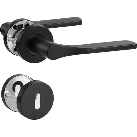 Poignée de porte noire en acier inoxydable mat - Poignée de porte pour porte d'entrée et porte intérieure - En forme de L - Rosace ronde - Cylindre profilé (1/5)