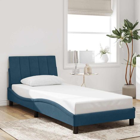 Cadre de lit 90 x 190 cm avec tête de lit, velours bleu, sommier à lattes, sans matelas - PANGIVO (1/5)