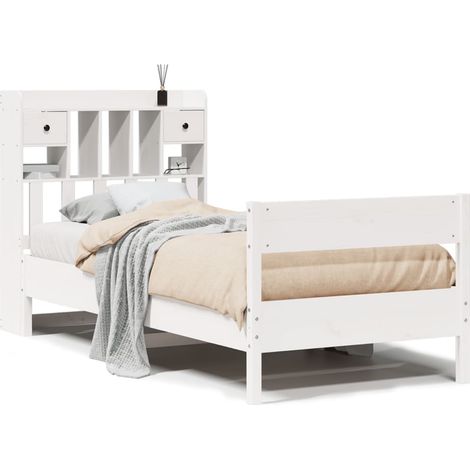 Lit simple  Lit adulte  Lit bibliothèque sans matelas blanc 90x200cm bois de pin massif