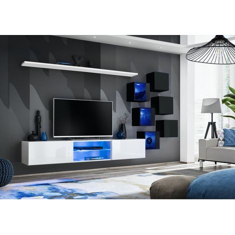 Ensemble meuble TV mural Switch XXI - L 240 x P 40 x H 120 cm - Blanc et noir - Livraison gratuite