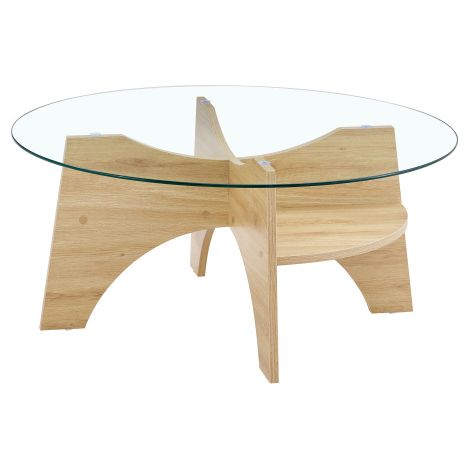 Table basse ronde moderne en verre – Ø 80 cm avec plateau transparent, design multifonctionnel. Piètement en éventail, pieds en MDF finition bois couleur bois naturel. Idéal pour le salon. (1/5)