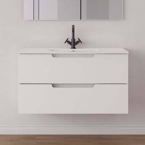 Meuble de salle de bain 90cm simple vasque - 2 tiroirs - sans miroir - blanc mat - SONRIZA (1/5)