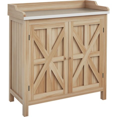 Tavolo da giardinaggio/mobile contenitore con 2 ripiani, piano zincato, piedini antiscivolo in legno di abete