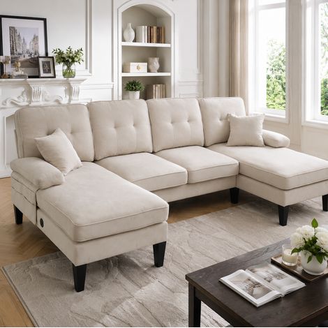 Canapé U 4 places avec deux méridiennes en lin beige HAVRYA (1/5)