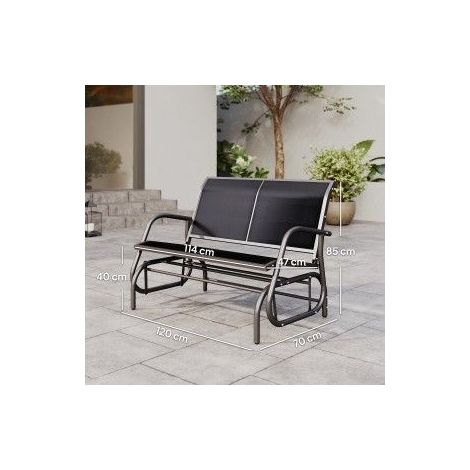 Fauteuil à bascule 2 places, banc de jardin avec fonction balancelle, structure métal et assise en tissu filet, noir, 120 x 70 x 88 cm (1/5)