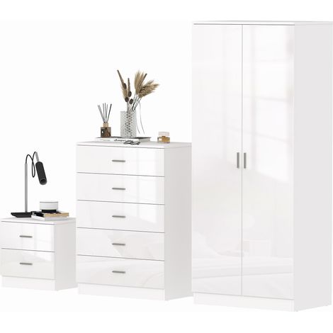 High-gloss three-piece bedroom furniture set: wardrobe + drawer cabinet + bedside table, white (1/5)