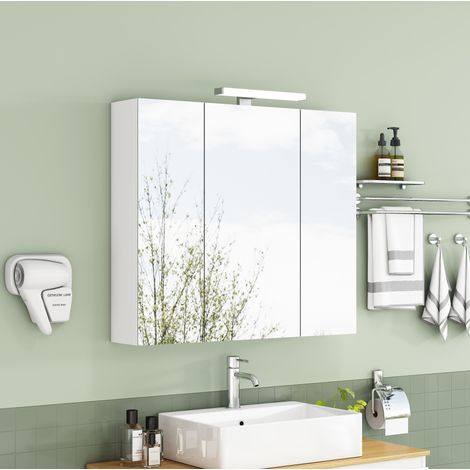 Armoire de toilette miroir 80 cm à 3 portes, murale, avec éclairage LED, prise française, étagères en verre réglables et fermeture douce, blanche pour salle de bains – CHICFURN (1/5)