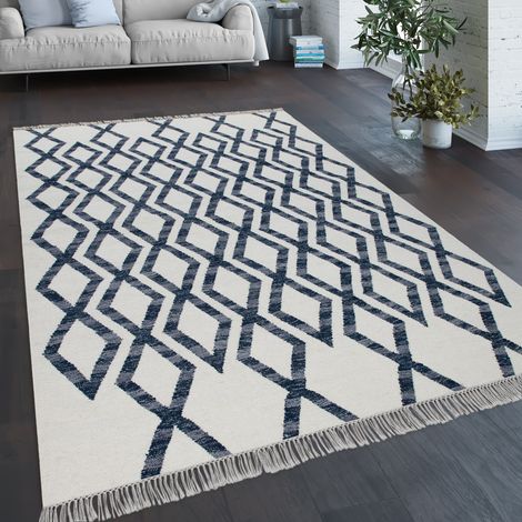 Paco Home Teppich Wohnzimmer Boho Stil Fransen Handgewebt Woll-Baumwoll Gemisch Blau 60x110 cm