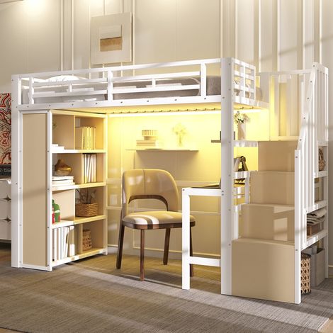 Cama Alta Infantil 90 x 200 cm con Escritorio y Almacenaje, Estructura de Acero Resistente con Escaleras Cajón y Luz LED Integrada, Sin Colchón (1/5)