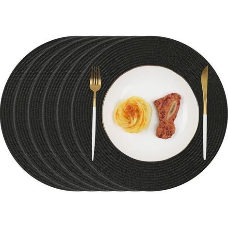 Set aus sechs runden, schwarzen Platzsets, 38 cm Durchmesser - waschbar und hitzebeständig.