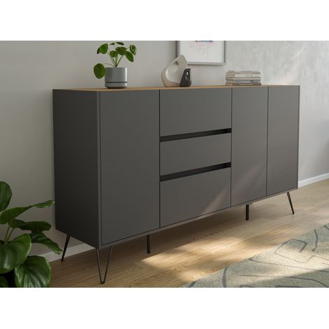 Sideboard Kommode Zuma 180cm Greifraum 3 SoftClose 3 Türen Grafit/Eiche Top (1/5)