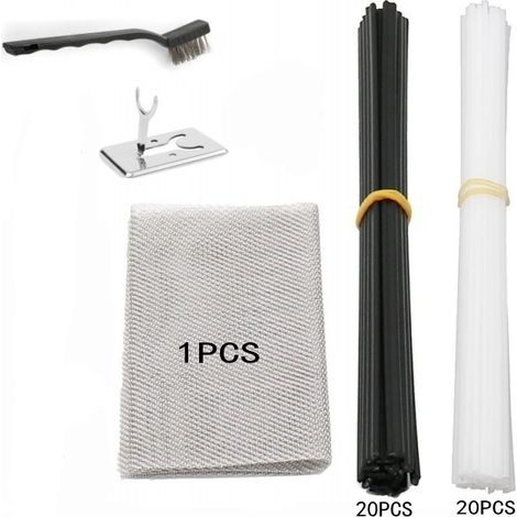 Kit de réparation et de soudage plastique, comprenant 40 baguettes de soudage plastique, 1 brosse, 1 support et un treillis de renfort. (1/5)