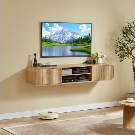 Mueble TV de pared 160 cm con compartimentos abiertos y pasacables, natural OKMYHOME (1/5)