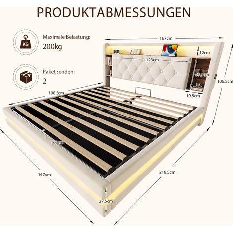Letto imbottito 160 x 200 cm con contenitore, letto in velluto con testiera multifunzionale, illuminazione a LED, 2 porte USB e Type-C, meccanismo idraulico, rete a doghe e ripiani a giorno, beige (1/5)