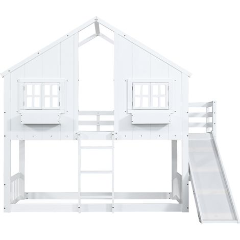 Cama litera con tobogán, techo y ventanas, escalera de 3 peldaños, 90x200 cm, blanco, MODENUIT (1/5)