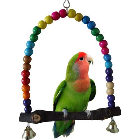 Balançoire en bois pour perroquet avec clochettes en bois et perles, élégante balançoire suspendue colorée pour perruche (1/5)