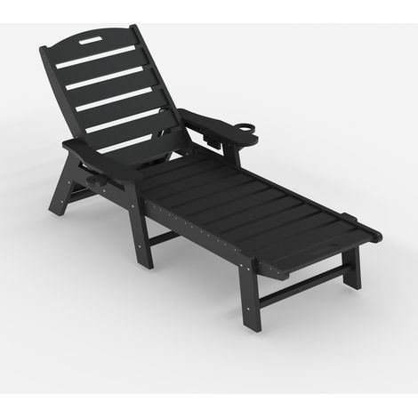 Chaise Longue HDPE Réglable 5 Positions + Porte-gobelet, Pliable Jusqu’à 150 kg, pour Jardin Terrasse Balcon Piscine, Noir (1/5)