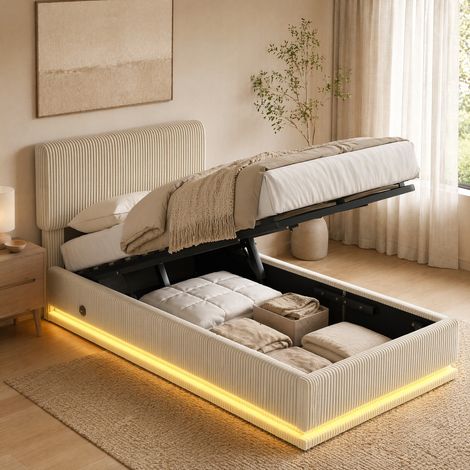 Cama tapizada de pana beige 90x200 cm con LED, USB-C, cabecero ajustable y somier de láminas (1/5)