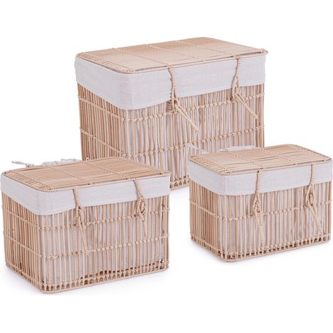 Set3 cesta coperchio yulian rettangolare naturale in polyrattan, fil di ferro, rivestimento interno in policotone