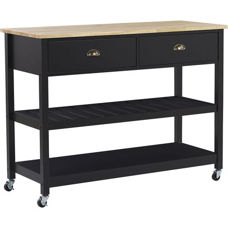 Carrito de cocina negro encimera madera clara 2 estantes 2 cajones para cubiertos ruedas estilo moderno escandinavo Navarino (1/5)