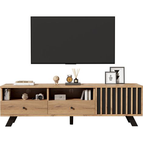 Meuble TV 150 x 38 x 44 cm avec 2 tiroirs et 1 placard, lowboard compact 150 cm de large, adapté aux téléviseurs jusqu’à 60 pouces, finition bois (1/5)
