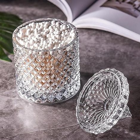 Bocal Apothicaire En Verre - Contenant Pour Cotons-Tiges Et Disques Démaquillants - Transparent À Facettes Diamant - 1 Pièce (1/5)