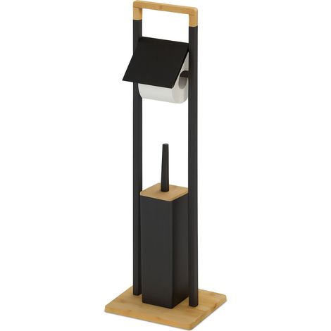 Juego de baño Relaxdays, bambú, soporte de papel higiénico, escobilla con base, 76,5 x 28 x 18 cm, negro