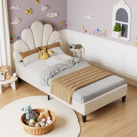 Lit Simple Rembourrée 90 x 200 cm, Lit Enfant, Lit Princesse avec Tête de Lit Pétale, Lit Bulle avec Sommier à Lattes, Velours, Beige (1/5)