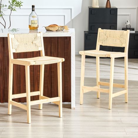 Set de 2 taburetes de bar de madera maciza con asiento de cuerda trenzada, estilo rústico (1/5)