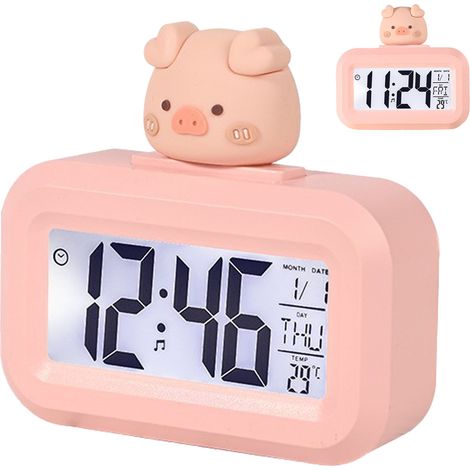 Simpatico orologio elettronico a cartoni animati con schermo LED, sveglia da tavolo, visualizzazione di ora, calendario e temperatura, a forma di maialino rosa. (1/5)