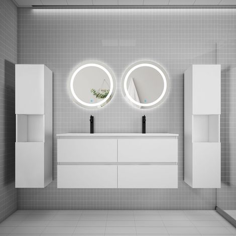 Ensemble meuble double vasque L.120cm 4 tiroirs + lavabo + 2LED miroirs rond 60cm + 2colonne,blanc,aica (1/5)