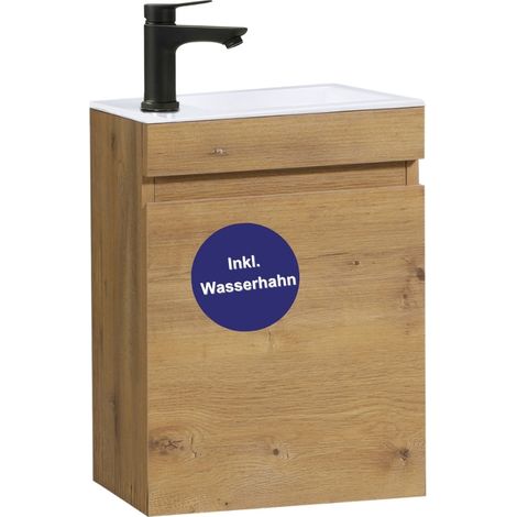 Kometmöbel Gäste-WC Waschtisch Set 40 cm Vormontiert Klein Waschbecken mit Unterschrank (Eiche 40cm, Mit Wasserhahn Schwarz) (1/5)
