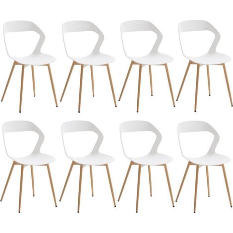 8er Set Esszimmerstühle Weiß mit Holzoptik Metallbeinen, Hohlrücken-Design (1/5)