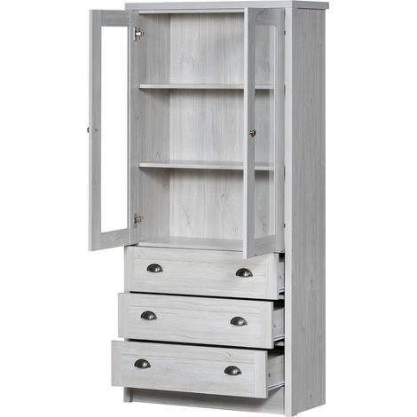 Vitrine, Highboard mit 2 Glastüren und 3 Schubladen, Kupfergriffe, Modern, aus MDF, 80×34×171 cm, Holzoptik (1/5)