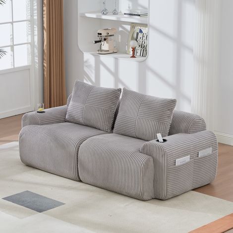 Sofá de 2 plazas 200/99/80 cm en gris claro con portavasos y bolsillo lateral (1/5)